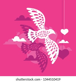 Two Doves or Paloma Flying with Heart Background in the Sky