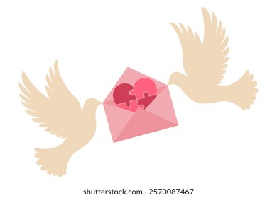 Two doves with a pink envelope and red heart puzzle, minimal design in cute vector style for Valentine's Day, romance, affection,connection and love concepts, isolated icon on white background