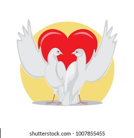 Two doves rise wings up on background of red heart, symbols of eternal love, white pigeons isolated vector illustration, Valentines day concept