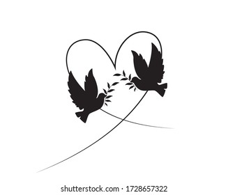 Two doves silhouettes, vector. Flying doves in shape of a heart, illustration. Flying birds and holding branch isolated on white background. Flying bird silhouette. Wall art, artwork