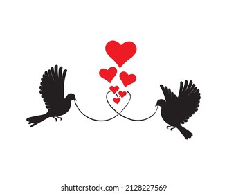 Dos siluetas de paloma, vector. Palomas voladoras sosteniendo el cable en forma de corazón, ilustración. Aves voladoras y corazones rojos aislados en un fondo blanco. Silueta de pájaro volador. Arte mural, arte