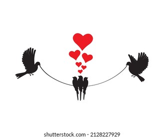 Two doves silhouettes, vector. Flying doves holding wire and littls birds, illustration. Flying birds and red hearts isolated on white background. Flying bird silhouette. Wall art, artwork