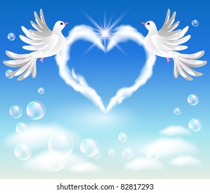 Two doves in the sky and cloud with heart-shaped