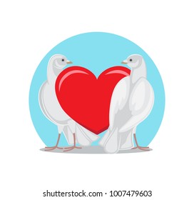 Two doves standing near red heart, symbols of eternal love, white pigeons isolated vector illustration, Valentines day concept greeting card