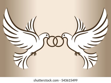 Two doves. Stylized pigeons and wedding rings. Vector illustration.
