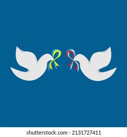 Two doves, a symbol of peace with a ribbons in the color of the Ukrainian and Russian flags