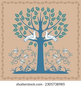 Two doves in the tree. Vector version of old style decorative design. Ivy pattern framed by leaves placed in square area.