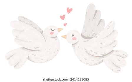 Two doves. Vector illustration of white birds and pink hearts. Elements for wedding or St. Valentines Day decoration