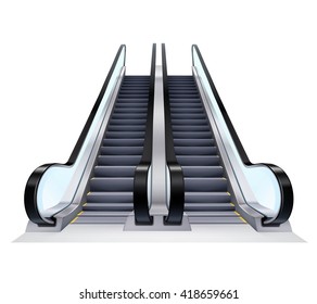 Two Up And Down Escalators Set On White Background Realistic Isolated Vector Illustration