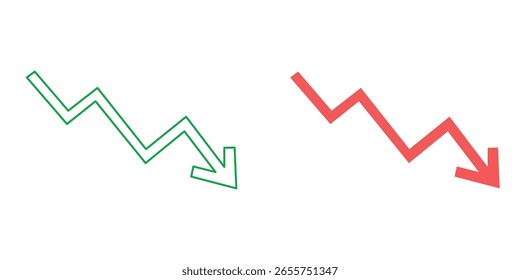 Dos flechas de tendencia descendente, una verde y otra roja, simbolizan el declive financiero, las desaceleraciones del mercado y el desempeño económico negativo contra un fondo blanco limpio.