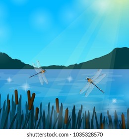 Two dragonflies flying over water in sun rays with mountains on background realistic composition vector illustration 