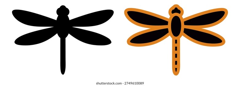 Two dragonfly silhouettes, one simple black and the other orange outlined with black details, on a white background.