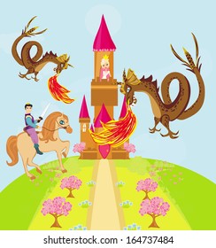 Two dragons attacking the princess castle 