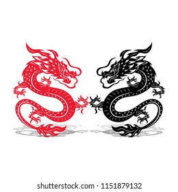 Two dragons (black and red), battle, on white background, vector