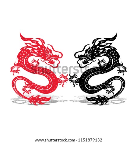 Two dragons (black and red), battle, on white background, vector