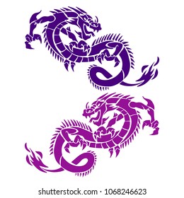 Two dragons blue and violet, silhouette on white background, vector