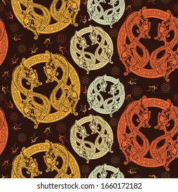 Two Dragons in celtic style. Seamless pattern. Packing old paper, scrapbooking style. Vintage background. Medieval manuscript, engraving art. Meditation, philosophy, harmony symbol 