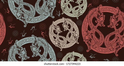 Two Dragons in celtic style. Seamless pattern. Packing old paper, scrapbooking style. Vintage background. Medieval manuscript, engraving art. Meditation, philosophy, harmony symbol 