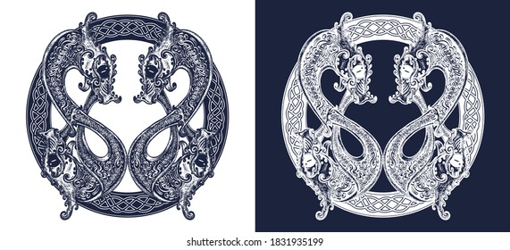 Two dragons in celtic style, tattoo. Meditation, philosophy, harmony symbol. Black and white vector graphics