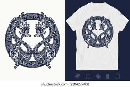 Two dragons in celtic style, tattoo. Meditation, philosophy, harmony symbol. T-shirt design. Vector graphics template. Hand drawn illustration