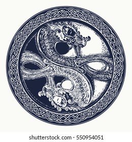 Two Dragons in the Celtic style, tattoo. Black and white dragon in Yin yang  t-shirt design. Meditation, philosophy, harmony symbol 
