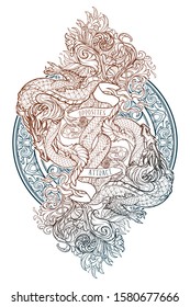 Two dragons fighting each other illustrating unity of opposites principle. Concept art intricate line drawing. Tattoo design. Vertical orientation, rectangular shape. EPS10 vector illustration