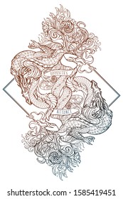 Two dragons fighting each other illustrating unity of opposites principle. Concept art intricate line drawing. Tattoo design. Vertical orientation, rectangular shape. EPS10 vector illustration