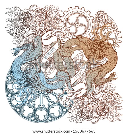 Two dragons fighting each other illustrating unity of opposites principle. Plant and gothic flourishes. Concept art intricate line drawing. Tattoo design. EPS10 vector illustration