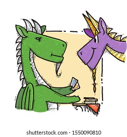 Two dragons fool around with tarot cards. Fairytale cute monster. Vector illustration