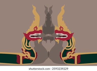 Two dragons in front of each other. Red dragon faces. Vector illustration. Shadows looking like flames.