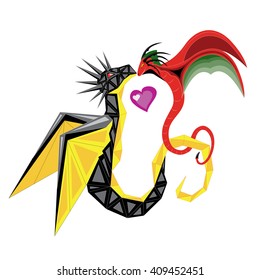 Two dragons in love black and red soaring in the sky