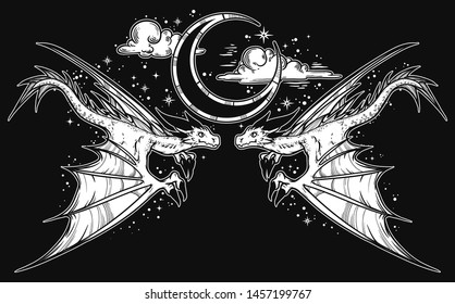 Two dragons in the night sky.  Print on poster, card, sticker, T-shirt. Vector.