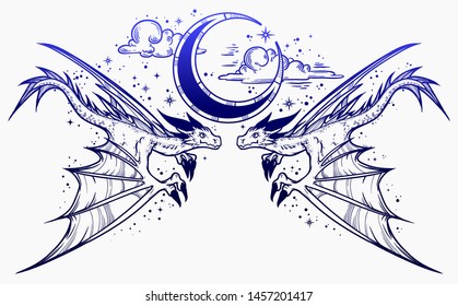 Two dragons in the night sky.  Print on poster, card, sticker, T-shirt. Vector.