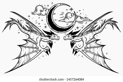 Two dragons in the night sky.  Print on poster, card, sticker, T-shirt. Vector.