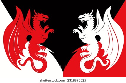Two dragons on a white-red-black background. Vector image.