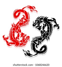 Two dragons red and black, in fight, silhouette on white background, vector