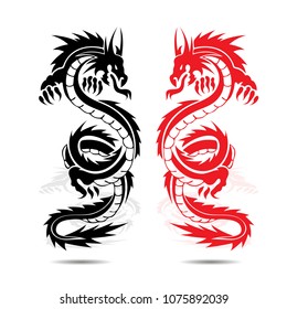 Two dragons red and black, in fight, silhouette on white background, vector