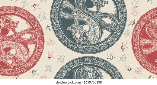 Two dragons. Seamless pattern. Packing old paper, scrapbooking style. Vintage background. Medieval manuscript, engraving art. Meditation, philosophy, harmony symbol