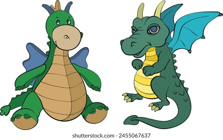 Two dragons set. Funny fantasy characters, isolated on white background. Vector cartoon illustration.