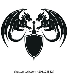 two dragons with sword and shield - Dragon symbol tattoo, black and white vector illustration, isolated on white background