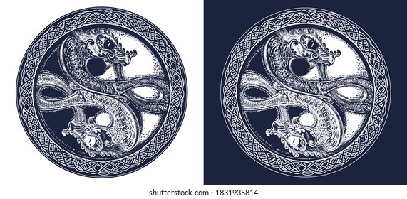 Two dragons tattoo and t-shirt design. Meditation, philosophy, harmony symbol. Black and white vector graphics 