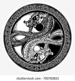 Two dragons tattoo and t-shirt design. Meditation, philosophy, harmony symbol 