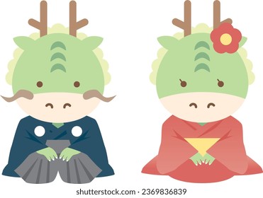 Two dragons wearing kimono and sitting seiza. New Year's card material for the Year of the Dragon.