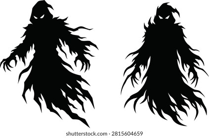 Two dramatic hooded figures are presented as a stark black silhouette against a white background, creating a distinctive and ominous image.