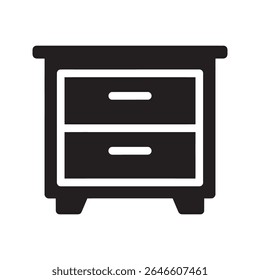 Two drawer nightstand icon for bedroom furniture representing a small cabinet for bedside storage and interior home decoration design vector solid glyph icon