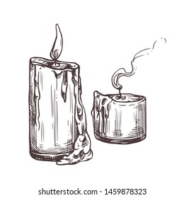 Two drawing vector isolated candles with fire and extinguished with smoke. Sketch illustration for funeral business design or condolence card