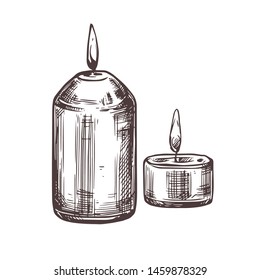 Two drawing vector isolated candles. Sketch hand drawn illustration on white background