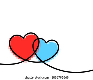 Two drawn blue and red hearts together. Valentine's Day postcard, poster, flyer element. Vector illustration.