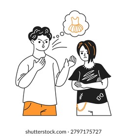 Two drawn characters in a cartoon style with contrasting outfits express disagreement. Man gestures with dismay, while woman crosses her arms, background simple white.