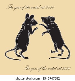 two drawn isolated silhouettes of mice, rats. mouse on its hind legs, on a colored background and the inscription "year of Metal rat 2020"